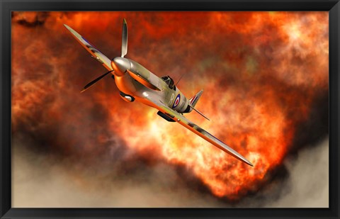 Framed British Supermarine Spitfire Bursting through Flames Print