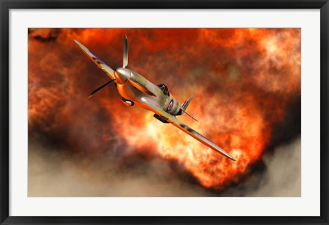 Framed British Supermarine Spitfire Bursting through Flames Print