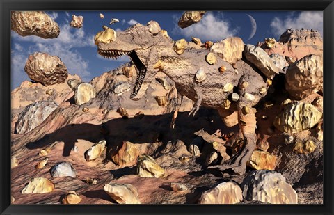 Framed Fossilized T Rex Bursts to Life Print