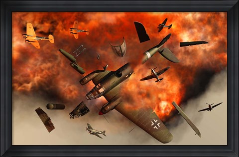 Framed German Heinkel Bomber Plane Exploding Print