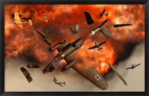 Framed German Heinkel Bomber Plane Exploding Print