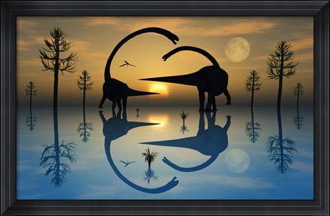 Framed Omeisaurus Dinosaurs in Courtship Rituals Print