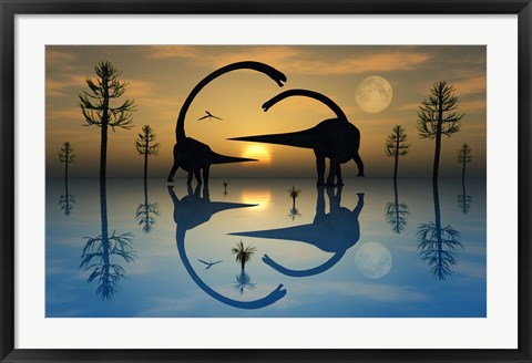 Framed Omeisaurus Dinosaurs in Courtship Rituals Print