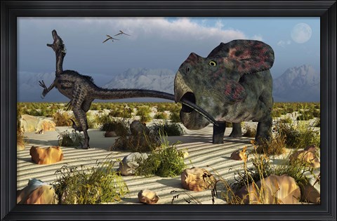 Framed Protoceratops Biting a Velociraptor Print
