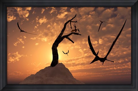 Framed Pteranodons Flying on a Cretaceous Night Print