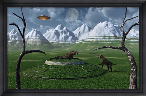 Framed Sabre-Tooth Tigers Encountering UFO&#39;s Print