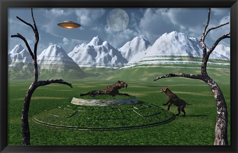 Framed Sabre-Tooth Tigers Encountering UFO&#39;s Print