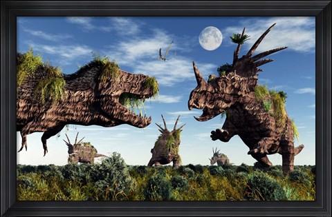 Framed Styracosaurus and Tyrannosaurus Rex Print