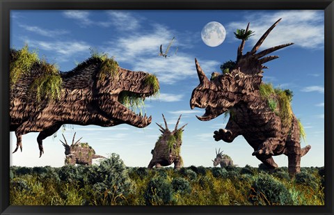 Framed Styracosaurus and Tyrannosaurus Rex Print