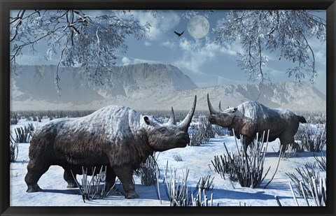 Framed Woolly Rhinoceros in Winter Print