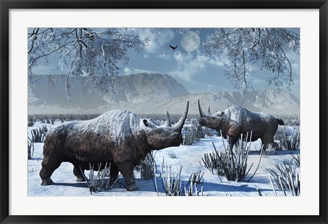 Framed Woolly Rhinoceros in Winter Print