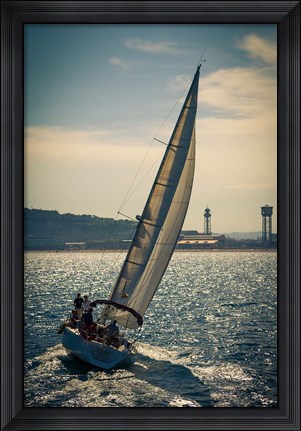 Framed Spain, Barcelona Sailboat on the Balearic Sea just off the Coast Print