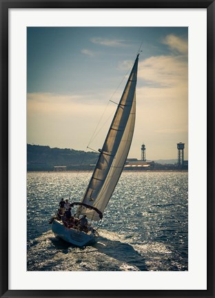 Framed Spain, Barcelona Sailboat on the Balearic Sea just off the Coast Print