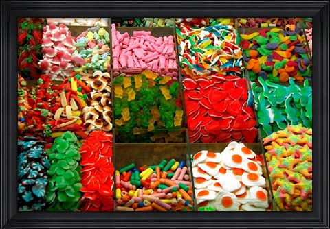Framed Spain, Barcelona, La Rambla, market candy Print