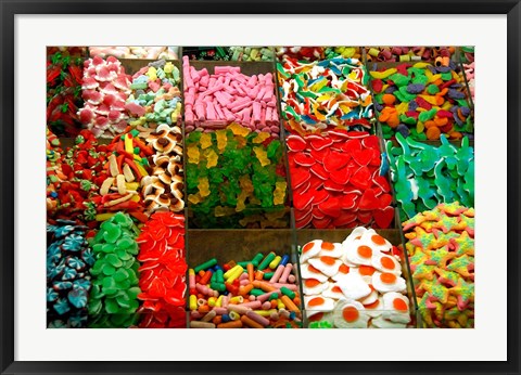 Framed Spain, Barcelona, La Rambla, market candy Print