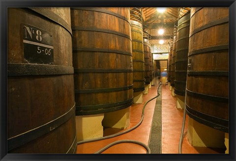 Framed Large Oak tanks holding wine, Bodega Muga Winery, Haro village, La Rioja, Spain Print