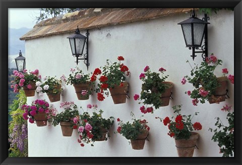 Framed Geraniums along White Wall of Palacio de Mondragon, Ronda, Spain Print