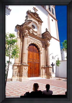 Framed Silhouette of Women Talking in Front of Cathedral, Marbella, Spain Print