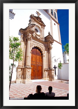 Framed Silhouette of Women Talking in Front of Cathedral, Marbella, Spain Print