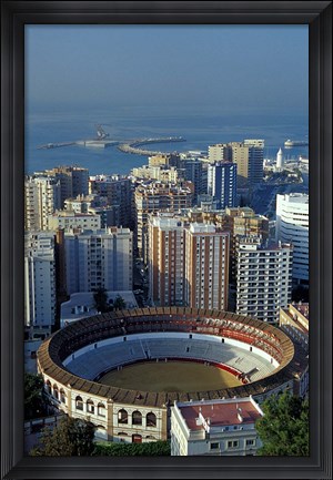 Framed View of Plaza de Toros and Cruise Ship in Harbor, Malaga, Spain Print
