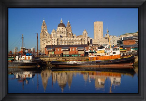 Framed Liver Building and Tug Boats from Albert Dock, Liverpool, Merseyside, England Print