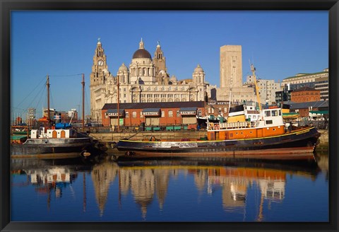 Framed Liver Building and Tug Boats from Albert Dock, Liverpool, Merseyside, England Print