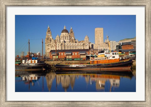 Framed Liver Building and Tug Boats from Albert Dock, Liverpool, Merseyside, England Print