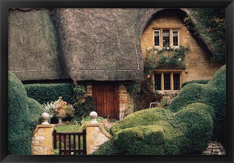 Framed Thatched Roof Home and Garden, Chipping Campden, England, Print