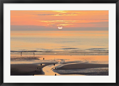 Framed Sunset and beach, Blackpool, England Print