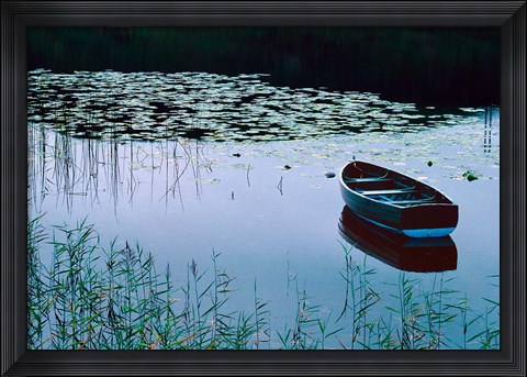 Framed Rowboat on Lake Surrounded by Water Lilies, Lake District National Park, England Print
