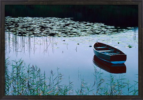 Framed Rowboat on Lake Surrounded by Water Lilies, Lake District National Park, England Print