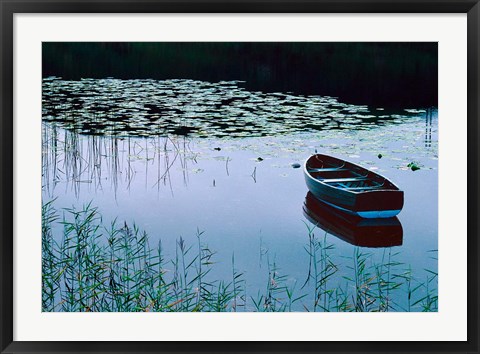 Framed Rowboat on Lake Surrounded by Water Lilies, Lake District National Park, England Print