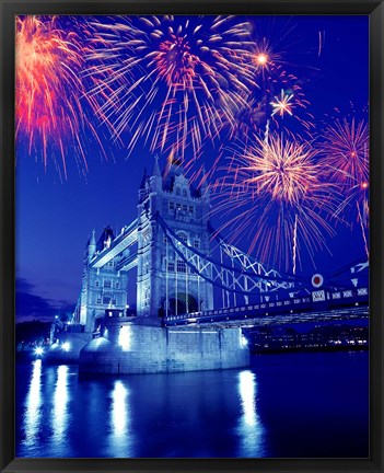 Framed Fireworks over the Tower Bridge, London, Great Britain, UK Print