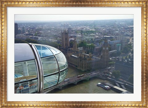 Framed London Eye as it passes Parliament and Big Ben, Thames River, London, England Print