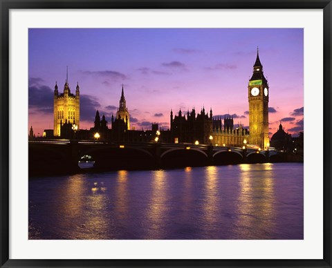 Framed Big Ben, Houses of Parliament and the River Thames at Dusk, London, England Print