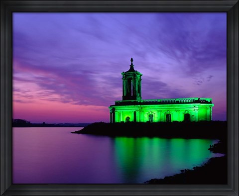 Framed Church at Rutland Water at Sunset, Leicestershire, England Print