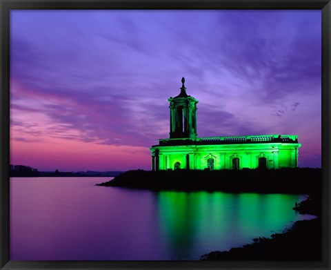 Framed Church at Rutland Water at Sunset, Leicestershire, England Print