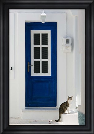 Framed Village Door with Cat, Kokkari, Samos, Aegean Islands, Greece Print