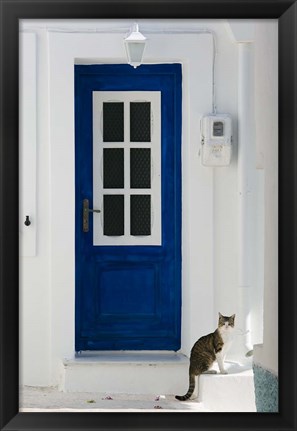 Framed Village Door with Cat, Kokkari, Samos, Aegean Islands, Greece Print