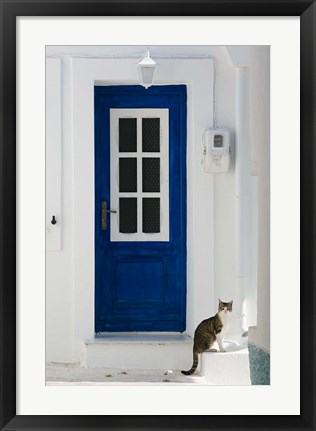 Framed Village Door with Cat, Kokkari, Samos, Aegean Islands, Greece Print