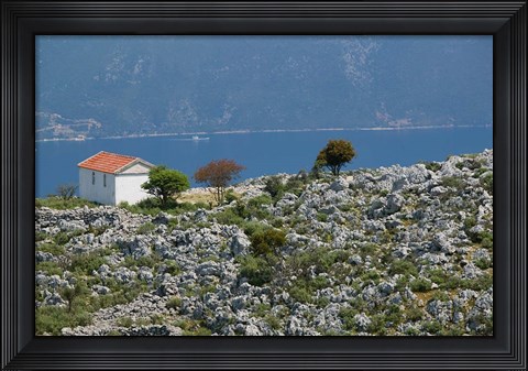Framed Agia Sofia Church and Ithaki Landscape, Karia, Kefalonia, Ionian Islands, Greece Print