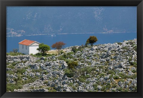 Framed Agia Sofia Church and Ithaki Landscape, Karia, Kefalonia, Ionian Islands, Greece Print