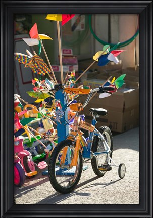 Framed Bicycle Outside Toy Shop, Lesvos, Mytilini, Aegean Islands, Greece Print