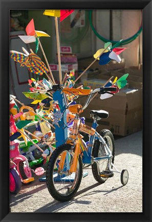 Framed Bicycle Outside Toy Shop, Lesvos, Mytilini, Aegean Islands, Greece Print