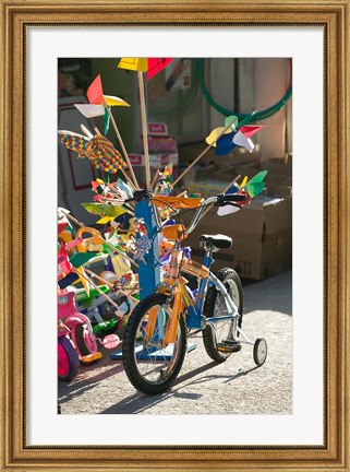 Framed Bicycle Outside Toy Shop, Lesvos, Mytilini, Aegean Islands, Greece Print