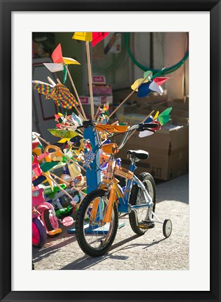 Framed Bicycle Outside Toy Shop, Lesvos, Mytilini, Aegean Islands, Greece Print