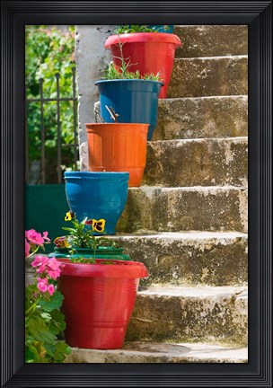 Framed Staircase with Flower Planters, Fiskardo, Kefalonia, Ionian Islands, Greece Print