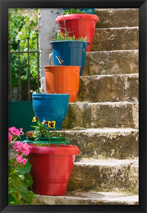 Framed Staircase with Flower Planters, Fiskardo, Kefalonia, Ionian Islands, Greece Print