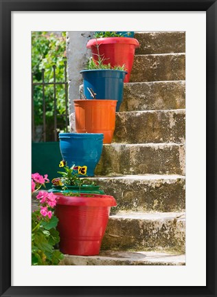 Framed Staircase with Flower Planters, Fiskardo, Kefalonia, Ionian Islands, Greece Print