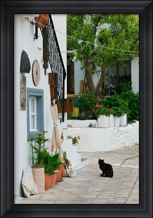 Framed Street View with Black Cat, Manolates, Samos, Aegean Islands, Greece Print